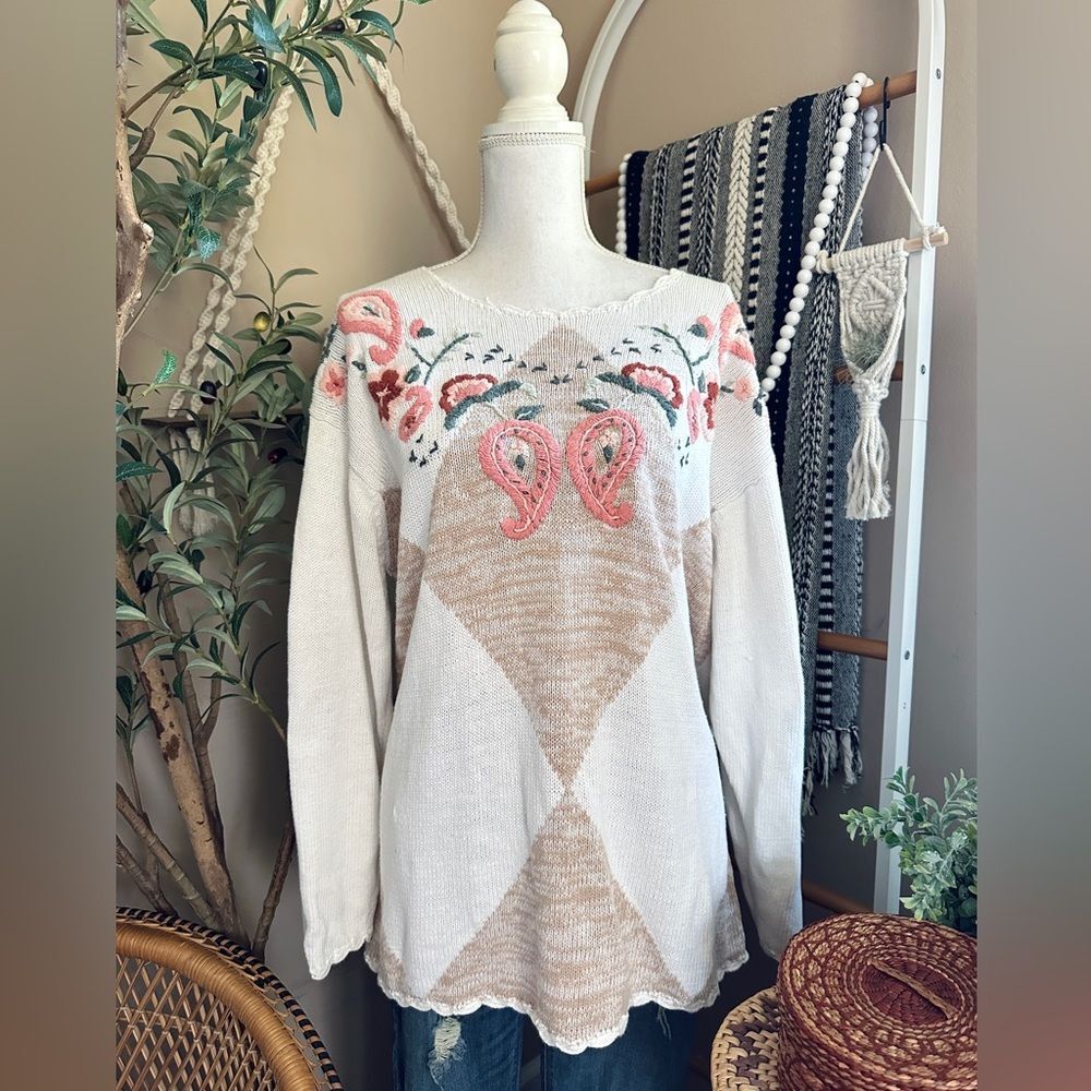 Vintage Chrysantheme Embroidered Floral Paisley Sweater Boho Cottagecore 1X